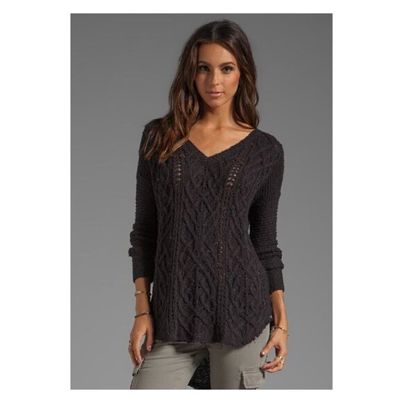 FREE PEOPLE Cross My Heart Cable Knit V-Neck Raw Hem Pullover Sweater - Picture 1 of 4